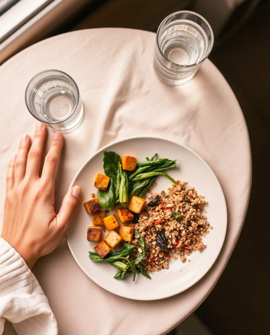 A relaxed hand resting beside a fresh meal.
