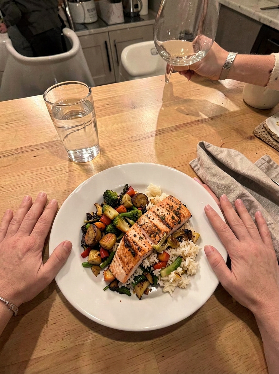 A relaxed hand resting beside a fresh meal.